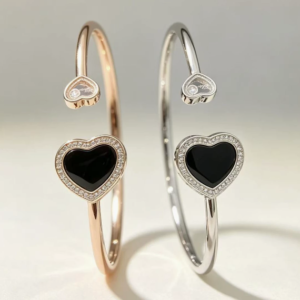 Dual Heart Black Onyx Crystal Open Cuff Bracelet